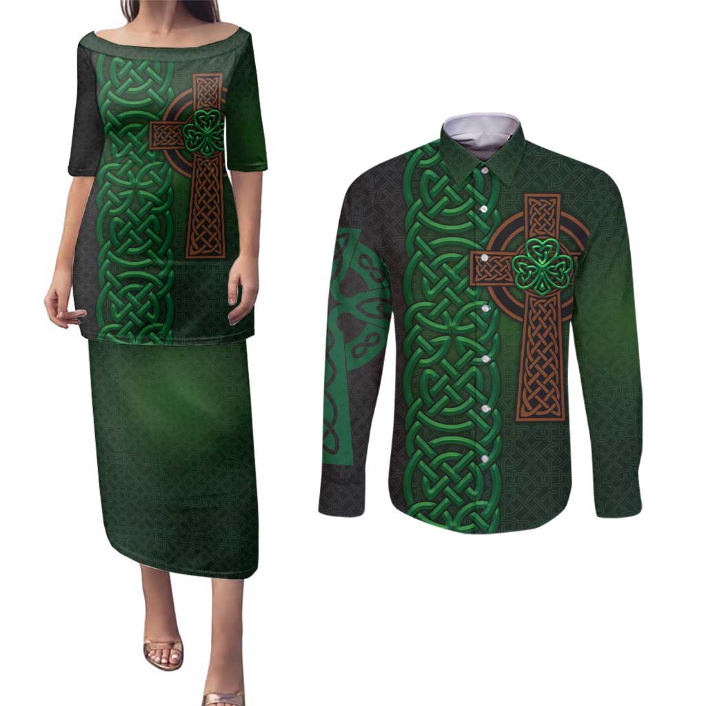 Ireland Celtic Knot and Clover Design Couples Matching Puletasi and Long Sleeve Button Shirt