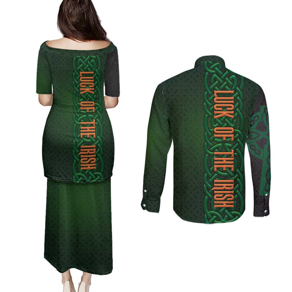 Ireland Celtic Knot and Clover Design Couples Matching Puletasi and Long Sleeve Button Shirt