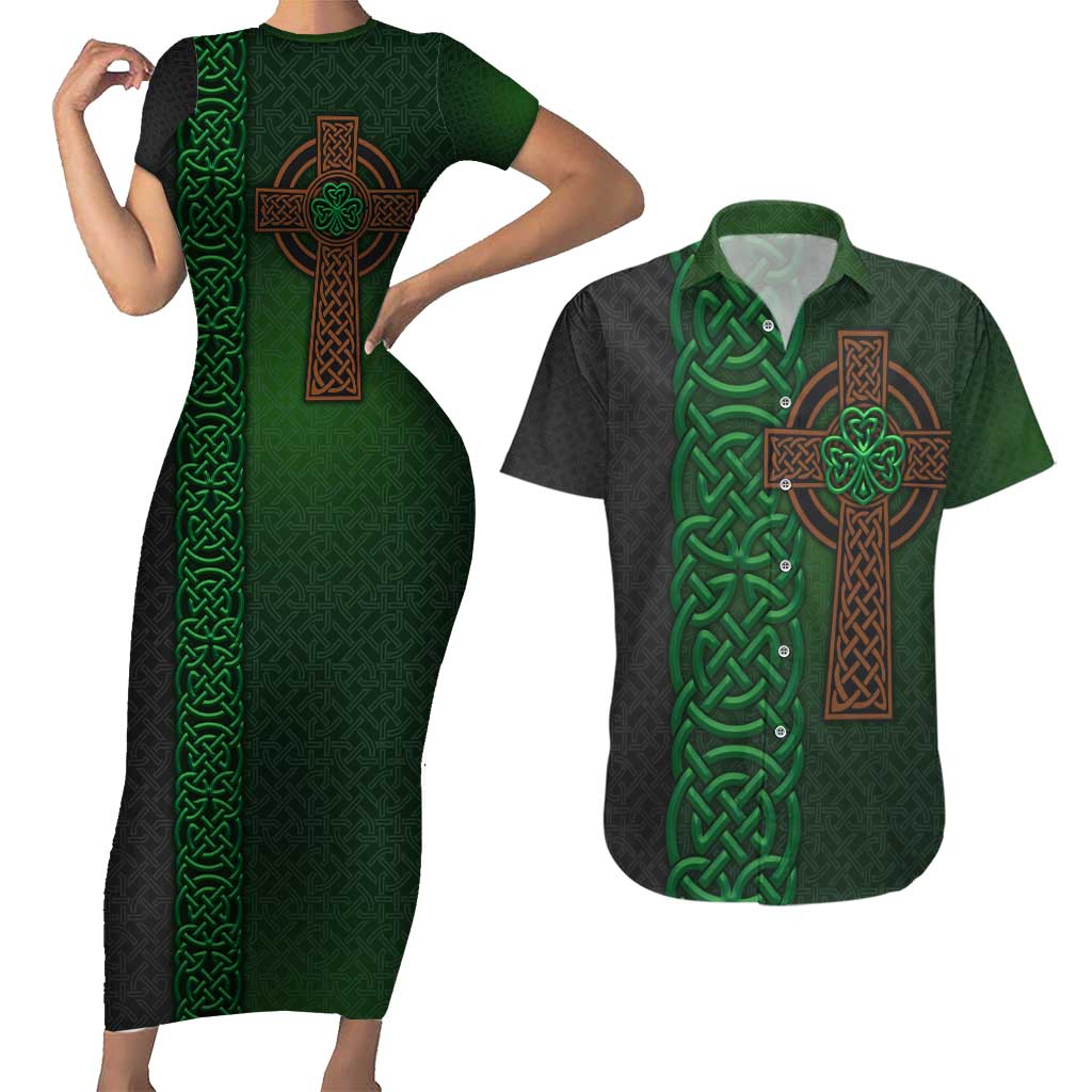 Ireland Celtic Knot and Clover Design Couples Matching Short Sleeve Bodycon Dress and Hawaiian Shirt