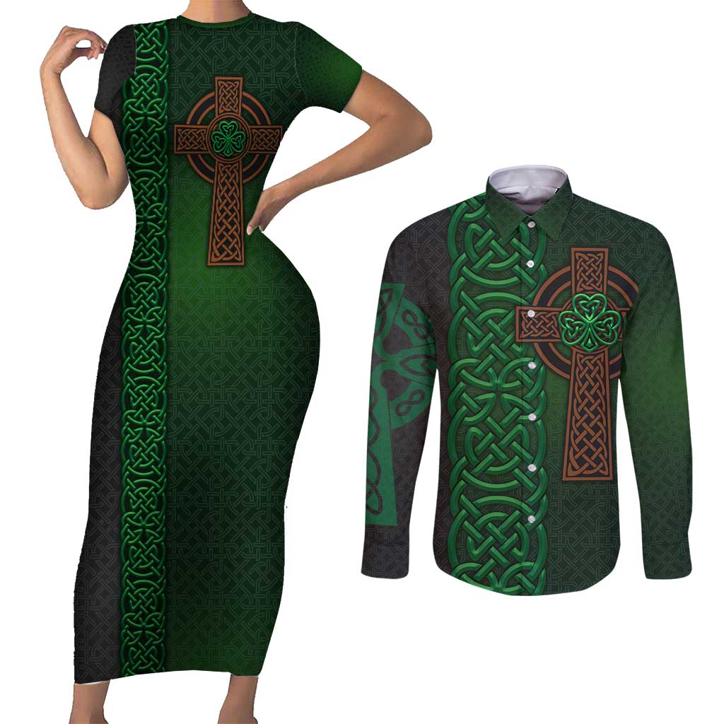 Ireland Celtic Knot and Clover Design Couples Matching Short Sleeve Bodycon Dress and Long Sleeve Button Shirt