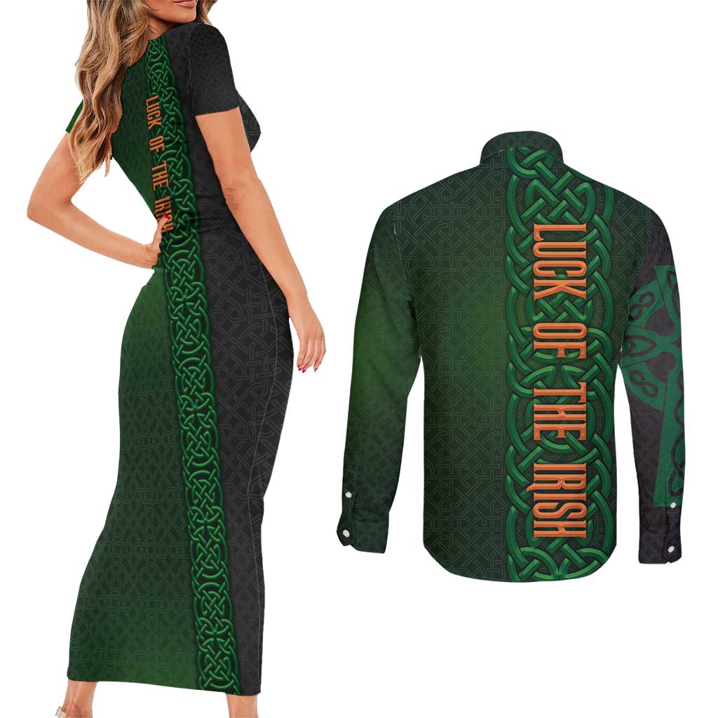 Ireland Celtic Knot and Clover Design Couples Matching Short Sleeve Bodycon Dress and Long Sleeve Button Shirt