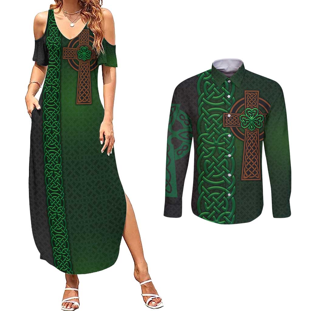 Ireland Celtic Knot and Clover Design Couples Matching Summer Maxi Dress and Long Sleeve Button Shirt