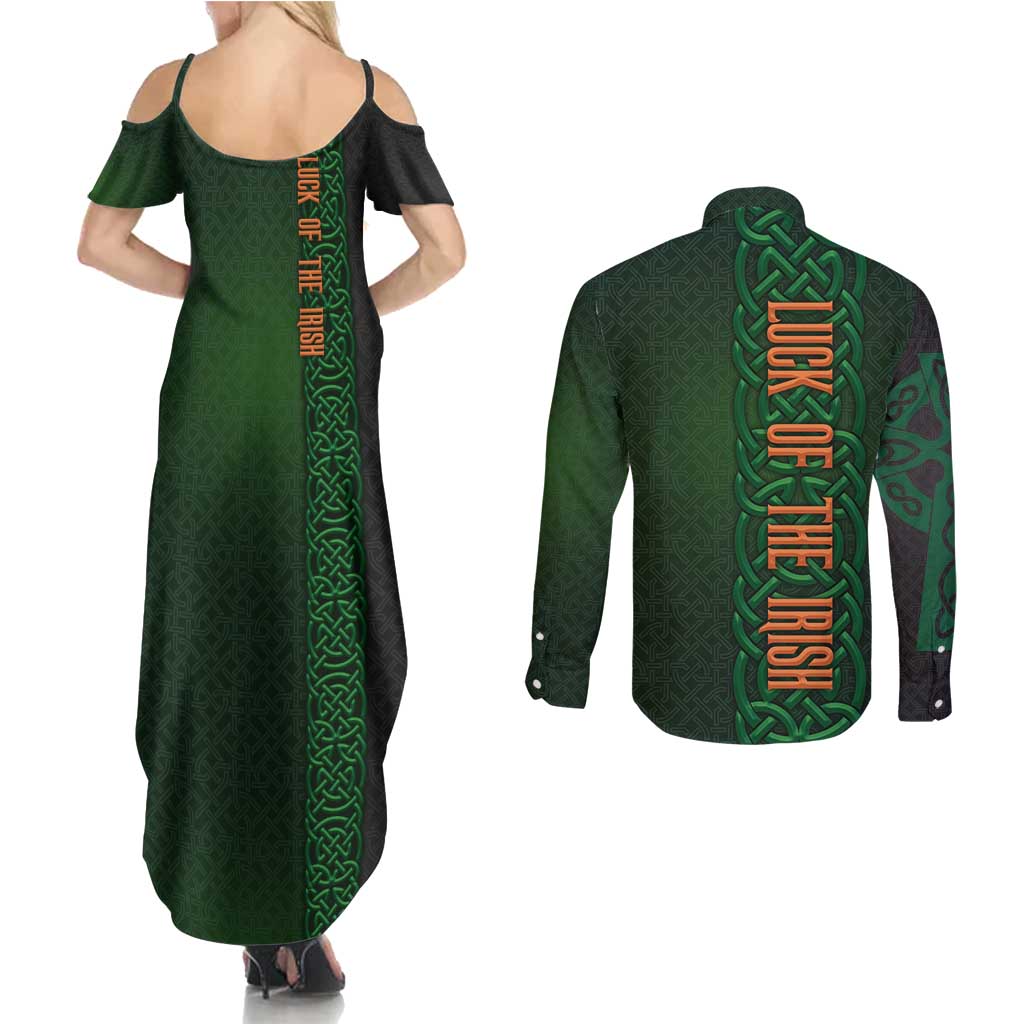Ireland Celtic Knot and Clover Design Couples Matching Summer Maxi Dress and Long Sleeve Button Shirt