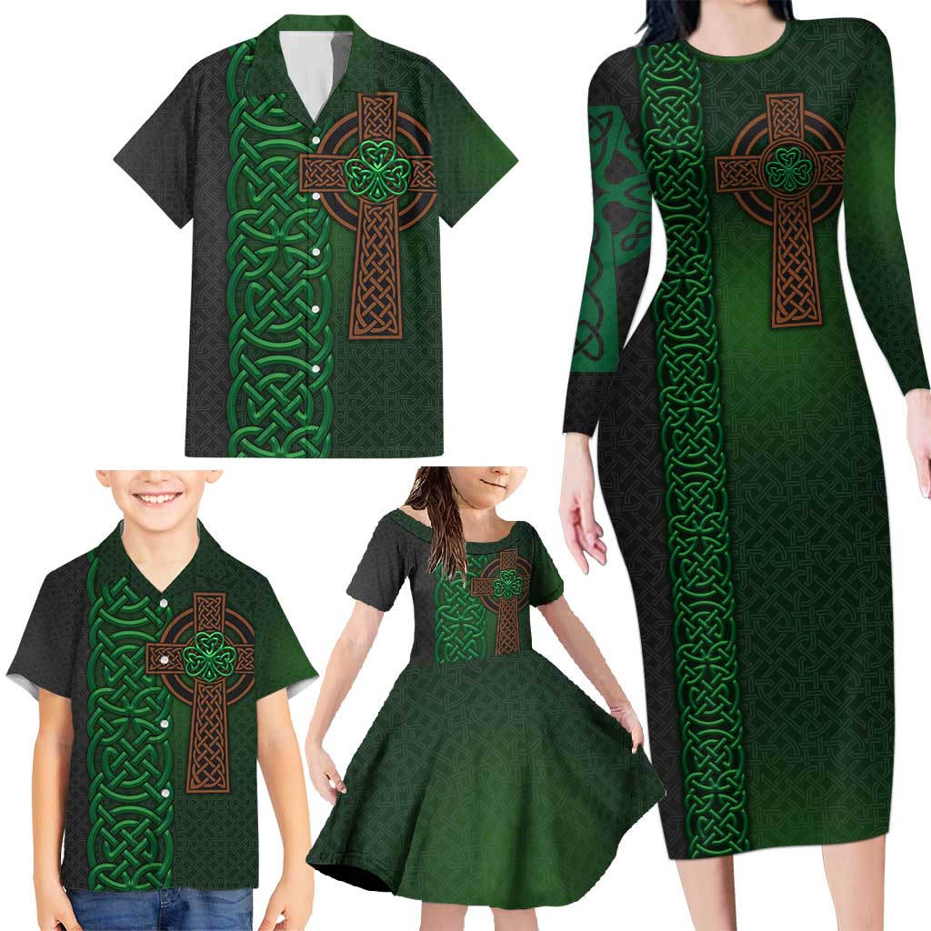 Ireland Celtic Knot and Clover Design Family Matching Long Sleeve Bodycon Dress and Hawaiian Shirt