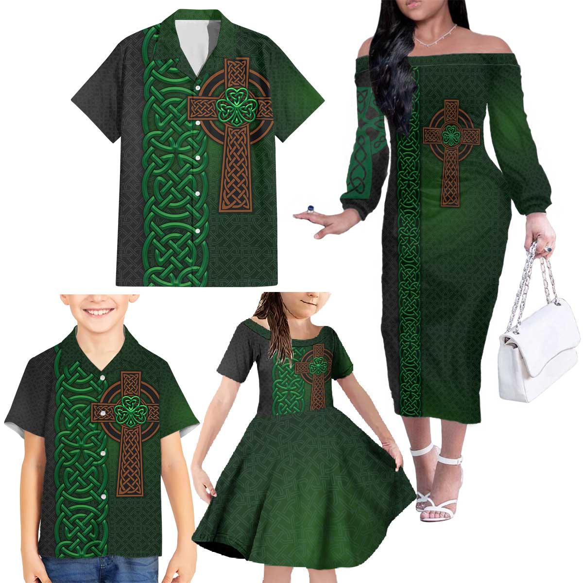 Ireland Celtic Knot and Clover Design Family Matching Off The Shoulder Long Sleeve Dress and Hawaiian Shirt