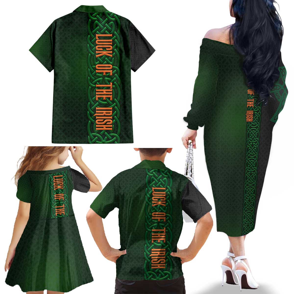 Ireland Celtic Knot and Clover Design Family Matching Off The Shoulder Long Sleeve Dress and Hawaiian Shirt