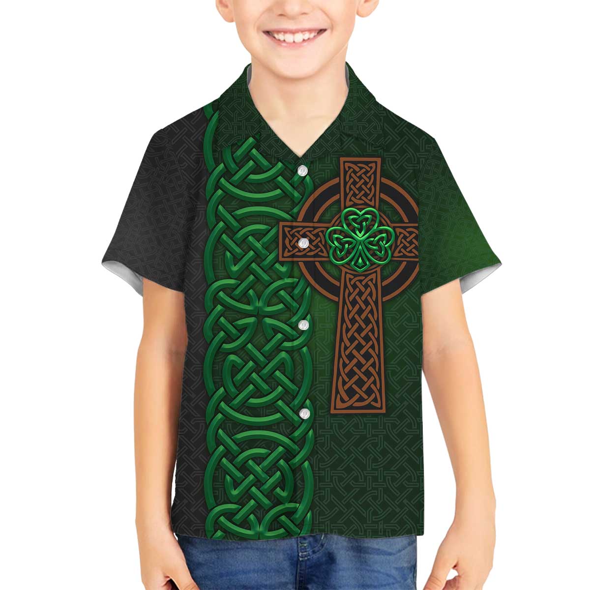 Ireland Celtic Knot and Clover Design Family Matching Off The Shoulder Long Sleeve Dress and Hawaiian Shirt