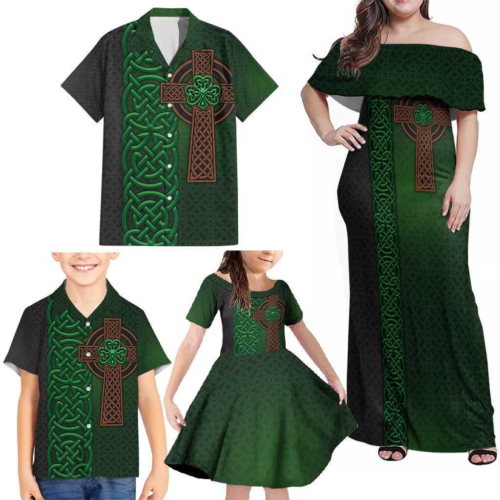 Ireland Celtic Knot and Clover Design Family Matching Off Shoulder Maxi Dress and Hawaiian Shirt