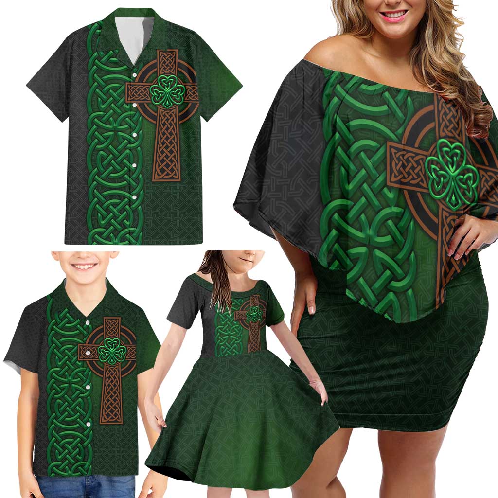 Ireland Celtic Knot and Clover Design Family Matching Off Shoulder Short Dress and Hawaiian Shirt