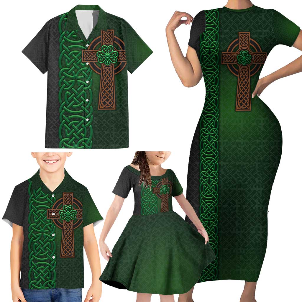 Ireland Celtic Knot and Clover Design Family Matching Short Sleeve Bodycon Dress and Hawaiian Shirt
