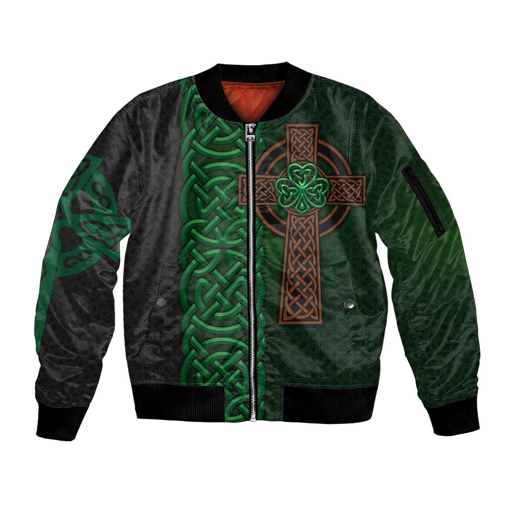 Ireland Celtic Knot and Clover Design Sleeve Zip Bomber Jacket