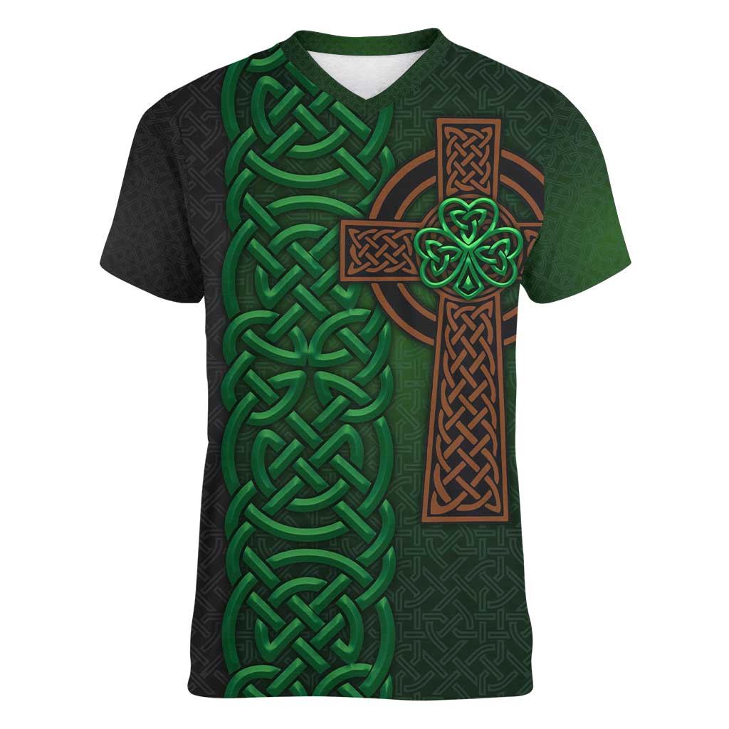 Ireland Celtic Knot and Clover Design Women V-Neck T-Shirt