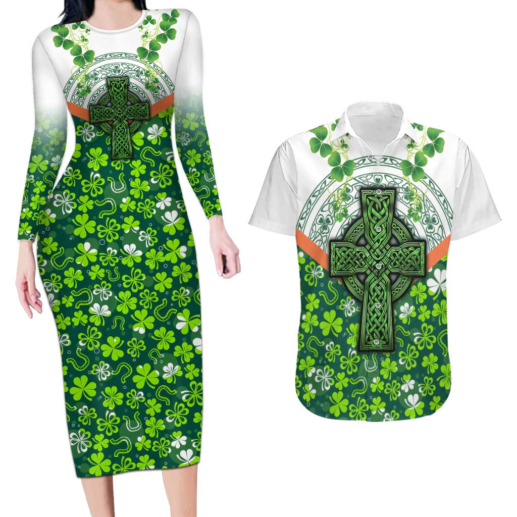 Celtic Knot and Clover Ireland - Inspired Design Couples Matching Long Sleeve Bodycon Dress and Hawaiian Shirt