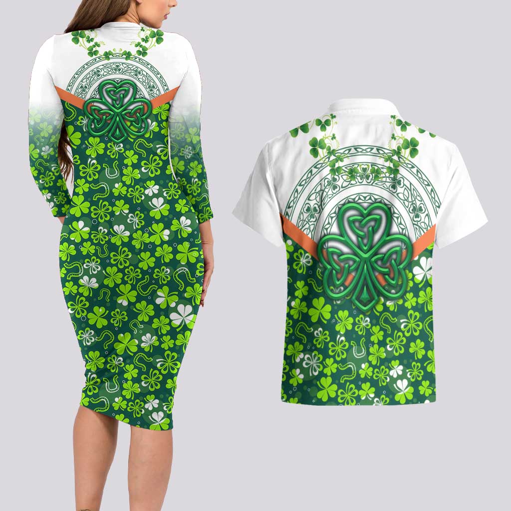 Celtic Knot and Clover Ireland - Inspired Design Couples Matching Long Sleeve Bodycon Dress and Hawaiian Shirt