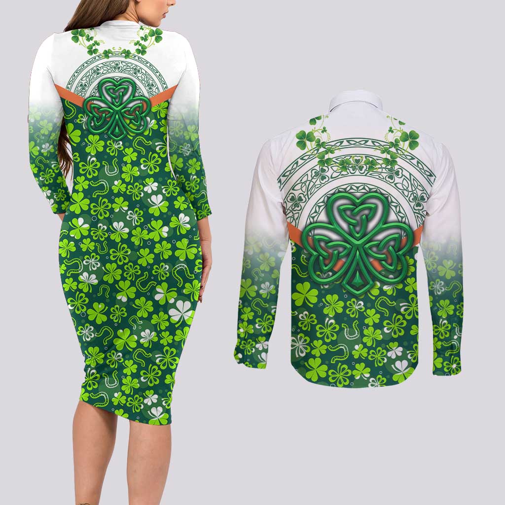 Celtic Knot and Clover Ireland - Inspired Design Couples Matching Long Sleeve Bodycon Dress and Long Sleeve Button Shirt