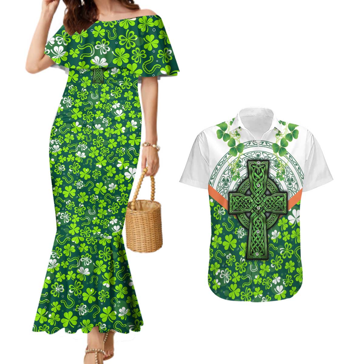 Celtic Knot and Clover Ireland - Inspired Design Couples Matching Mermaid Dress and Hawaiian Shirt