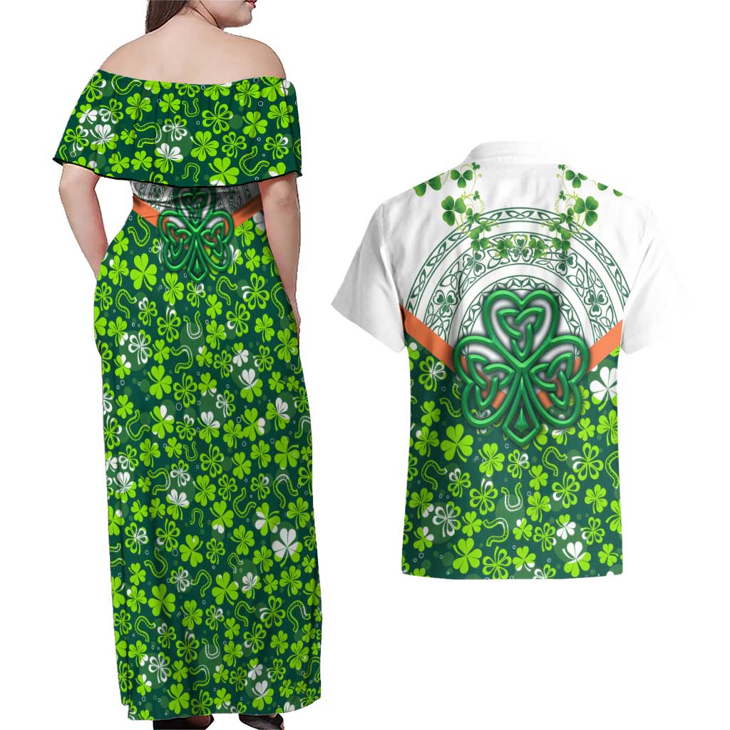 Celtic Knot and Clover Ireland - Inspired Design Couples Matching Off Shoulder Maxi Dress and Hawaiian Shirt