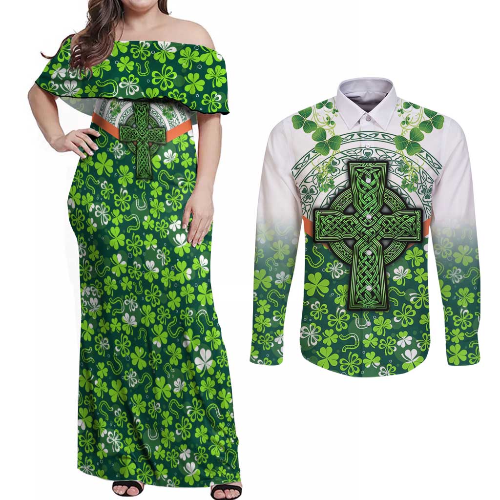 Celtic Knot and Clover Ireland - Inspired Design Couples Matching Off Shoulder Maxi Dress and Long Sleeve Button Shirt