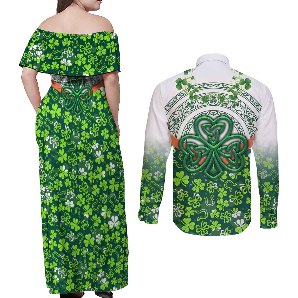 Celtic Knot and Clover Ireland - Inspired Design Couples Matching Off Shoulder Maxi Dress and Long Sleeve Button Shirt