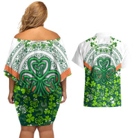 Celtic Knot and Clover Ireland - Inspired Design Couples Matching Off Shoulder Short Dress and Hawaiian Shirt