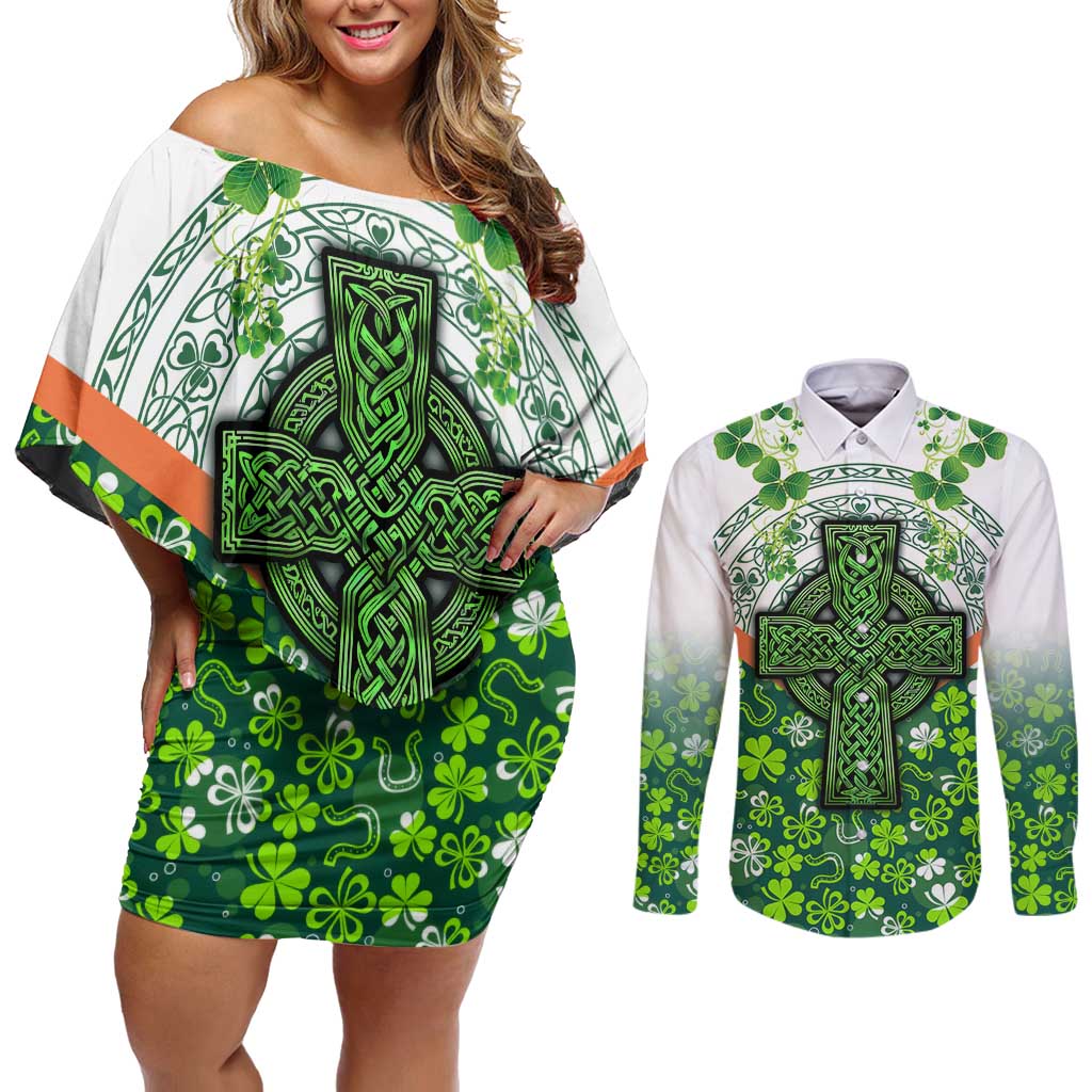 Celtic Knot and Clover Ireland - Inspired Design Couples Matching Off Shoulder Short Dress and Long Sleeve Button Shirt