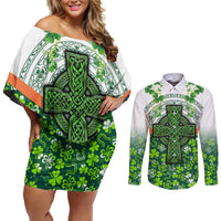 Celtic Knot and Clover Ireland - Inspired Design Couples Matching Off Shoulder Short Dress and Long Sleeve Button Shirt