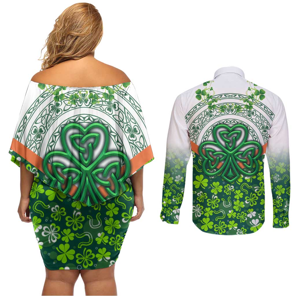 Celtic Knot and Clover Ireland - Inspired Design Couples Matching Off Shoulder Short Dress and Long Sleeve Button Shirt