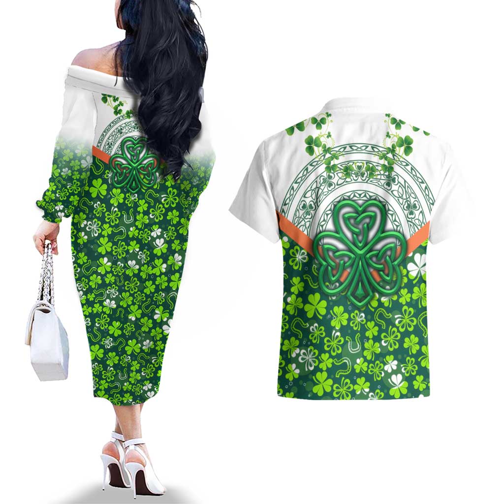 Celtic Knot and Clover Ireland - Inspired Design Couples Matching Off The Shoulder Long Sleeve Dress and Hawaiian Shirt