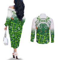 Celtic Knot and Clover Ireland - Inspired Design Couples Matching Off The Shoulder Long Sleeve Dress and Long Sleeve Button Shirt