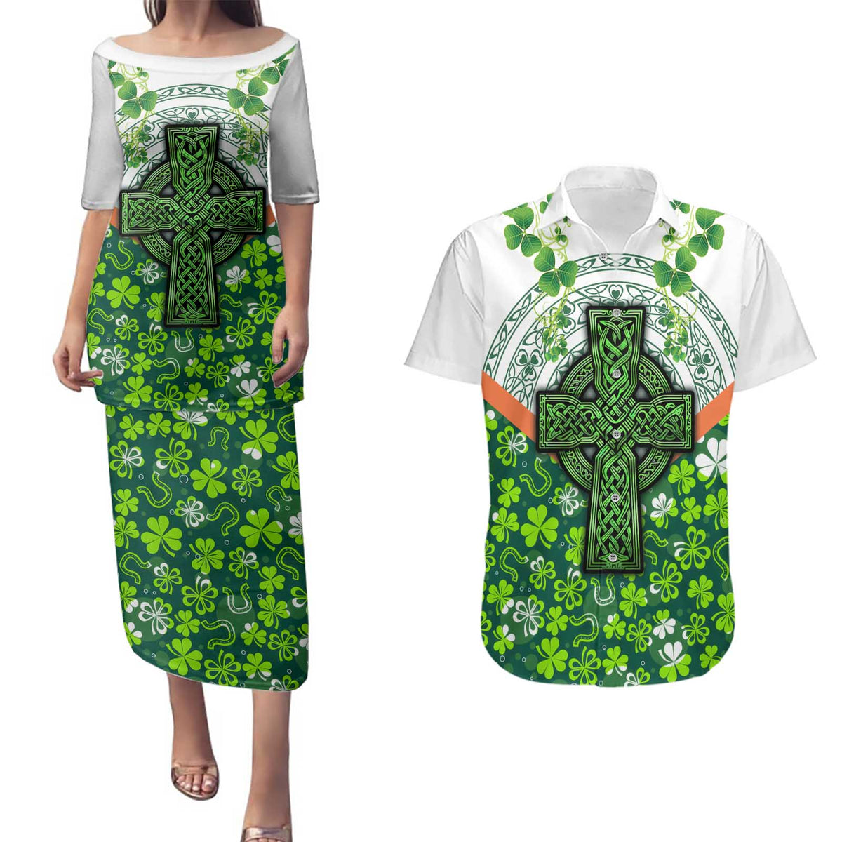 Celtic Knot and Clover Ireland - Inspired Design Couples Matching Puletasi and Hawaiian Shirt