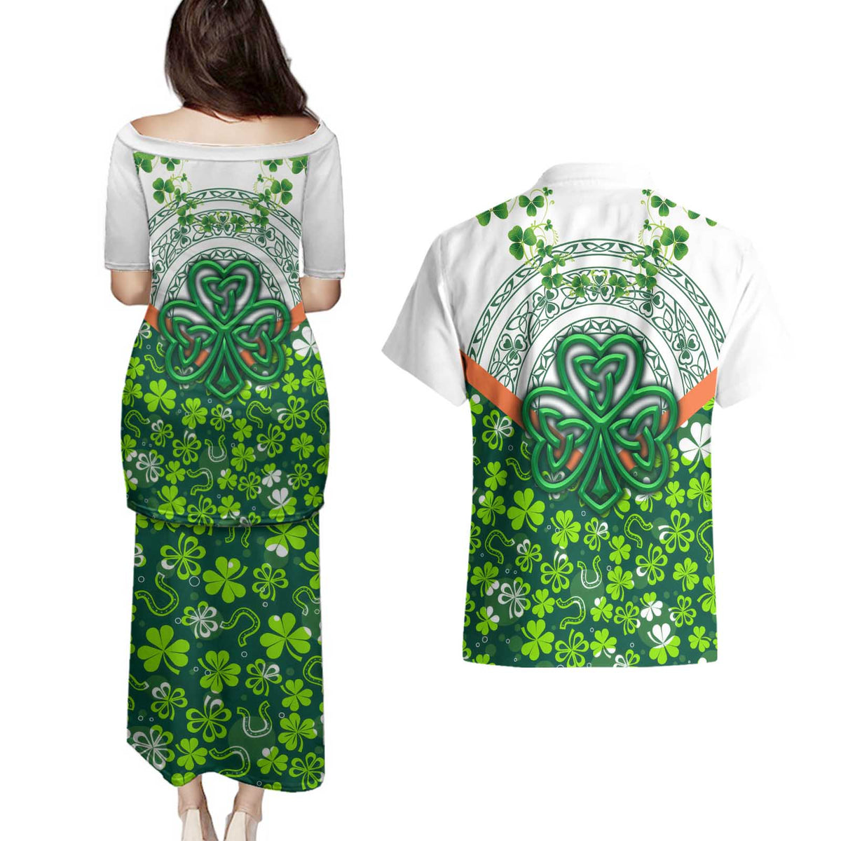 Celtic Knot and Clover Ireland - Inspired Design Couples Matching Puletasi and Hawaiian Shirt