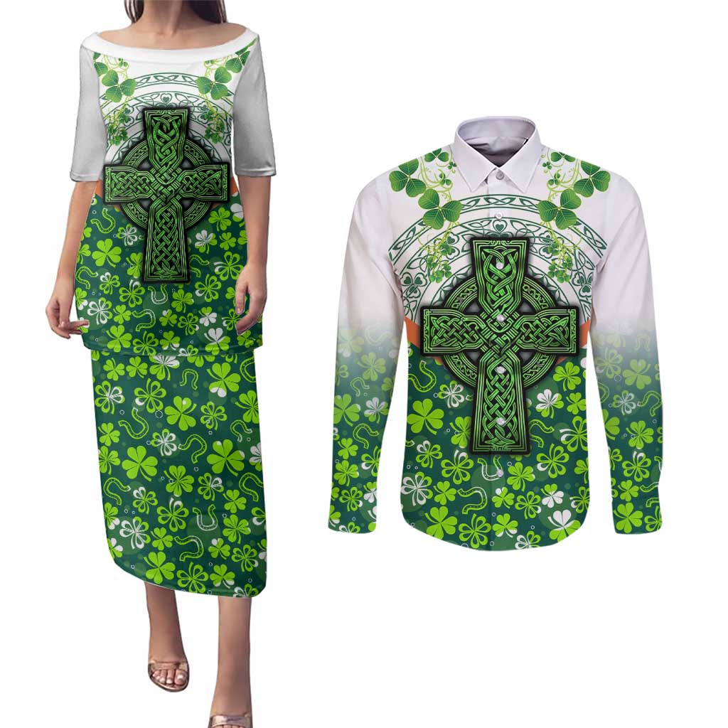 Celtic Knot and Clover Ireland - Inspired Design Couples Matching Puletasi and Long Sleeve Button Shirt