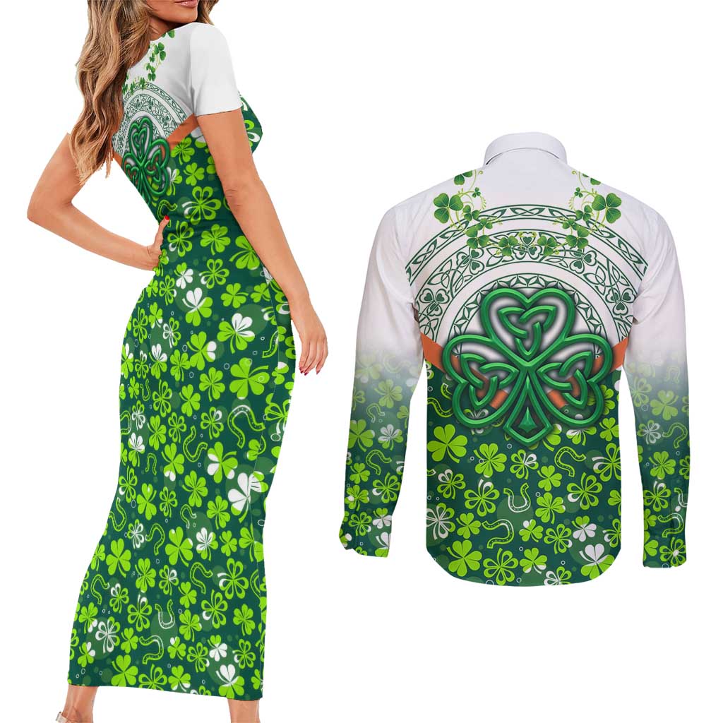 Celtic Knot and Clover Ireland - Inspired Design Couples Matching Short Sleeve Bodycon Dress and Long Sleeve Button Shirt