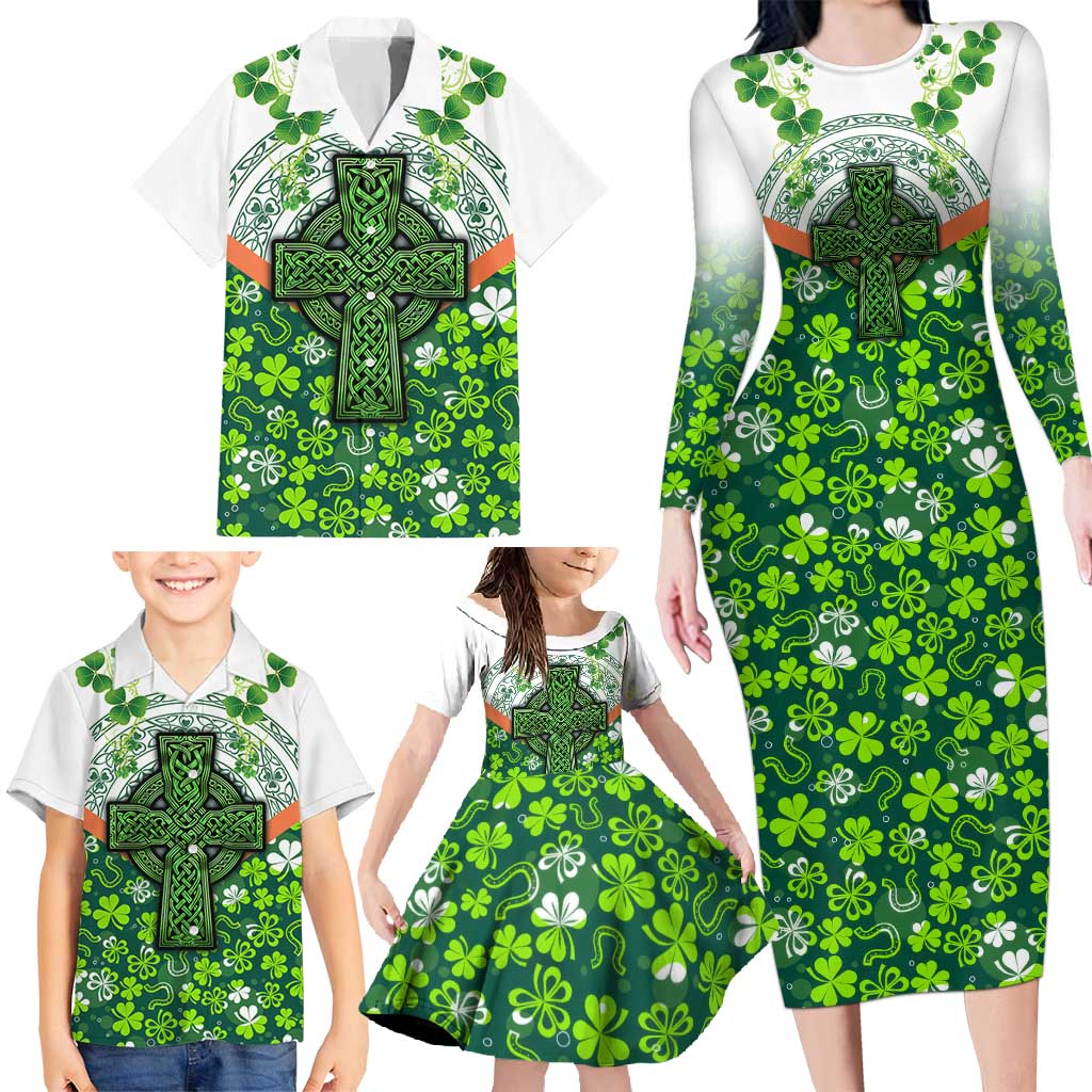 Celtic Knot and Clover Ireland - Inspired Design Family Matching Long Sleeve Bodycon Dress and Hawaiian Shirt