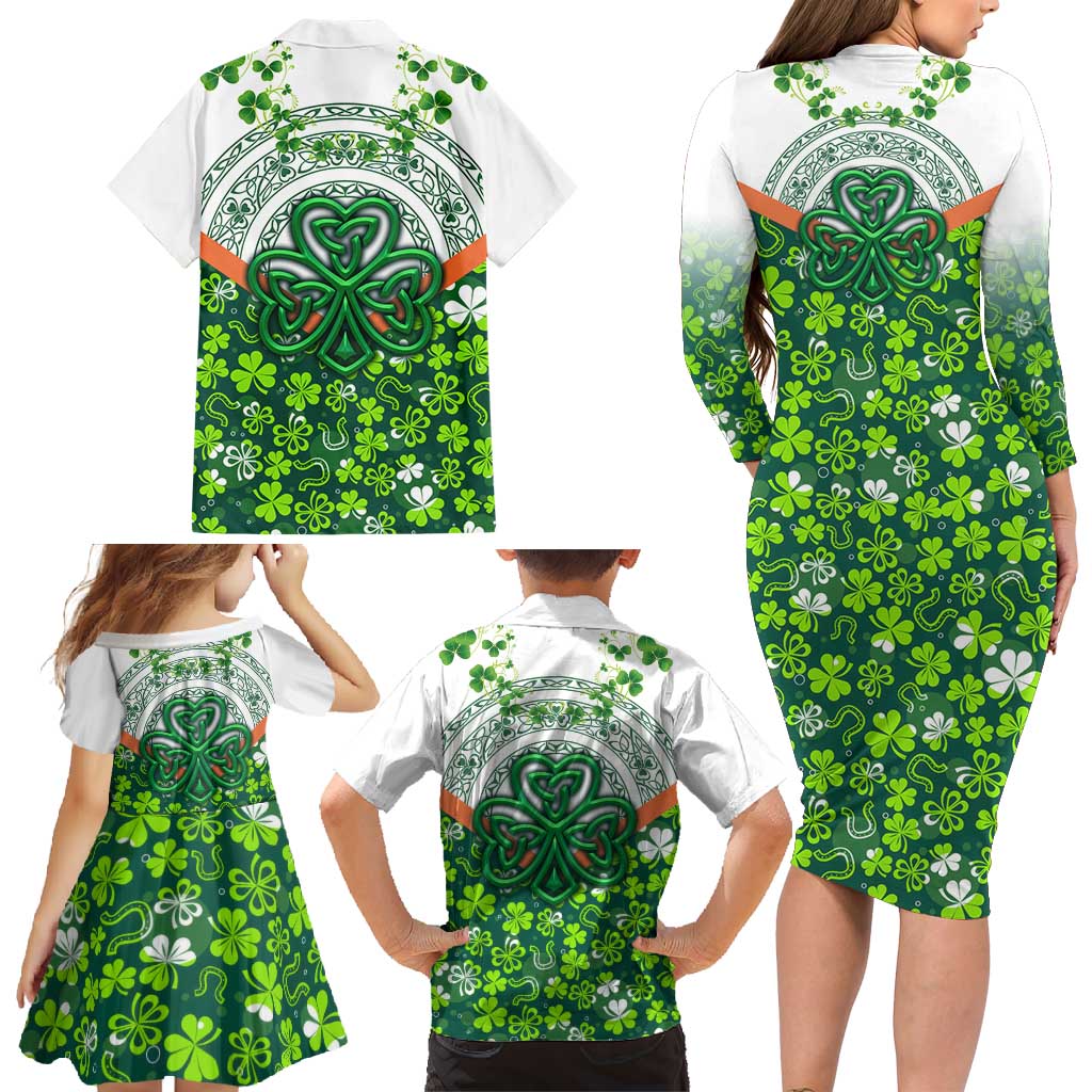 Celtic Knot and Clover Ireland - Inspired Design Family Matching Long Sleeve Bodycon Dress and Hawaiian Shirt