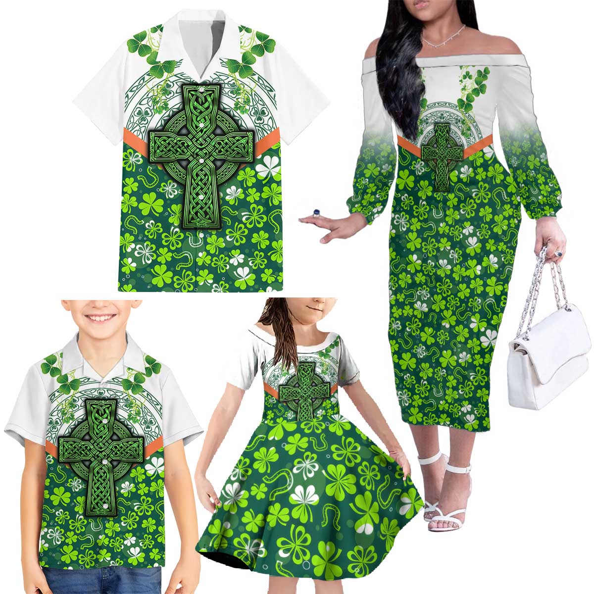 Celtic Knot and Clover Ireland - Inspired Design Family Matching Off The Shoulder Long Sleeve Dress and Hawaiian Shirt