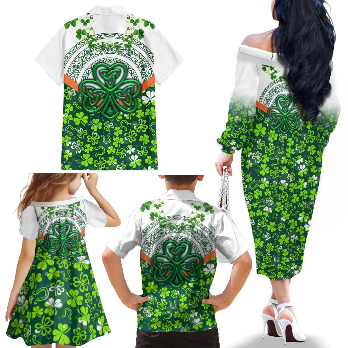 Celtic Knot and Clover Ireland - Inspired Design Family Matching Off The Shoulder Long Sleeve Dress and Hawaiian Shirt