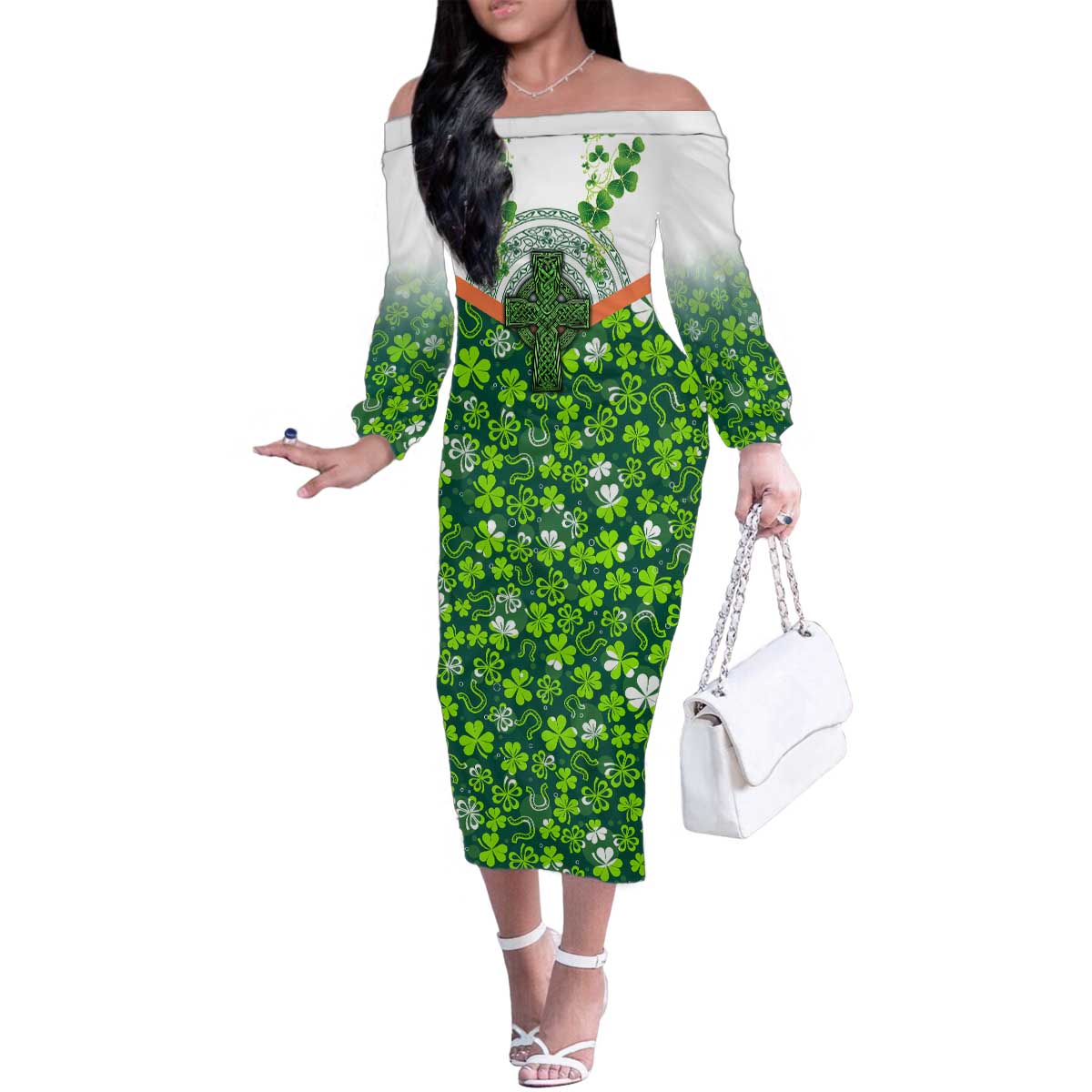 Celtic Knot and Clover Ireland - Inspired Design Family Matching Off The Shoulder Long Sleeve Dress and Hawaiian Shirt