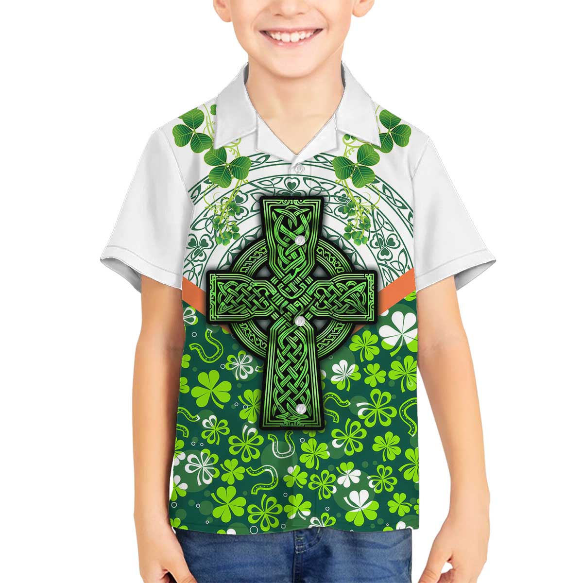 Celtic Knot and Clover Ireland - Inspired Design Family Matching Off The Shoulder Long Sleeve Dress and Hawaiian Shirt