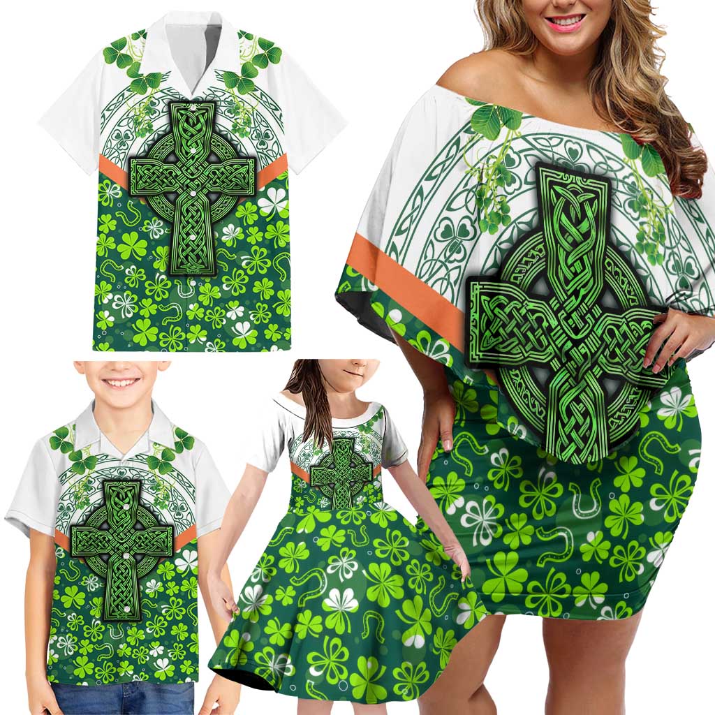Celtic Knot and Clover Ireland - Inspired Design Family Matching Off Shoulder Short Dress and Hawaiian Shirt