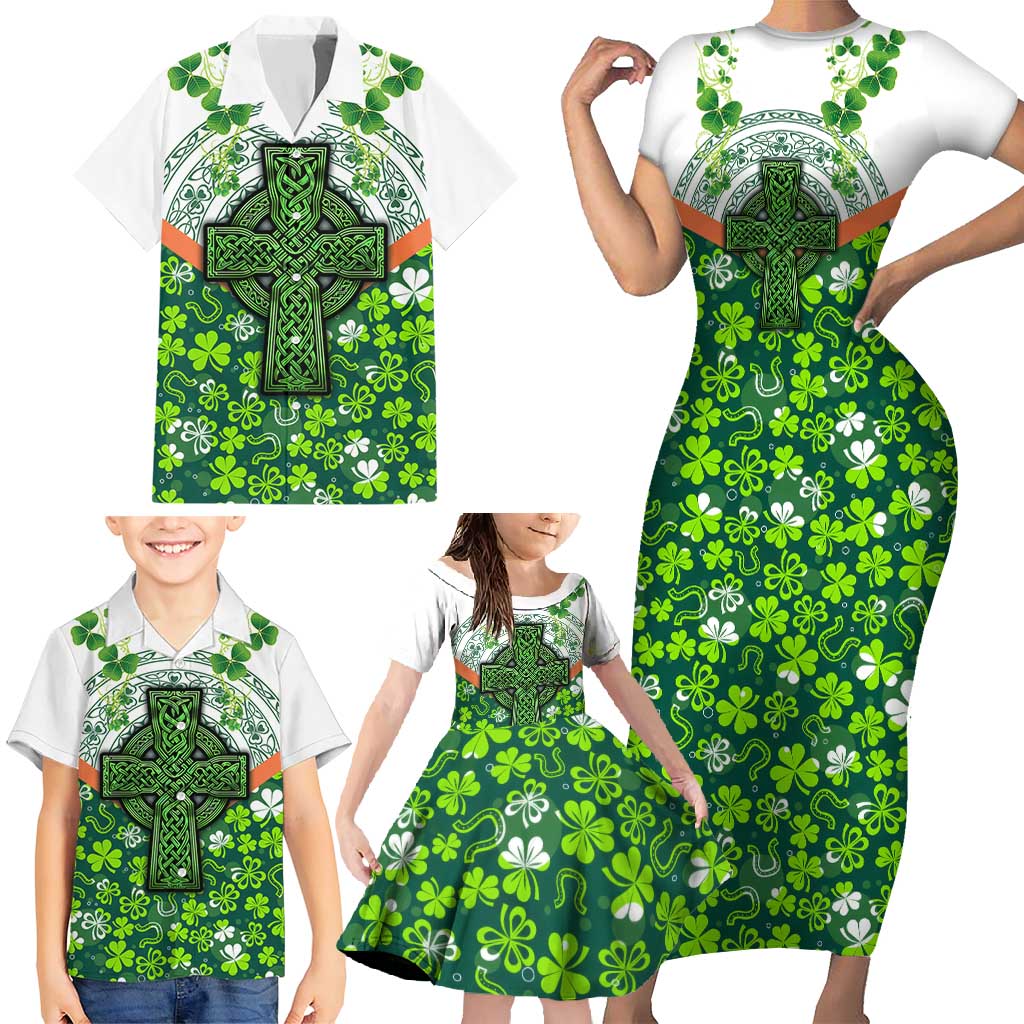 Celtic Knot and Clover Ireland - Inspired Design Family Matching Short Sleeve Bodycon Dress and Hawaiian Shirt