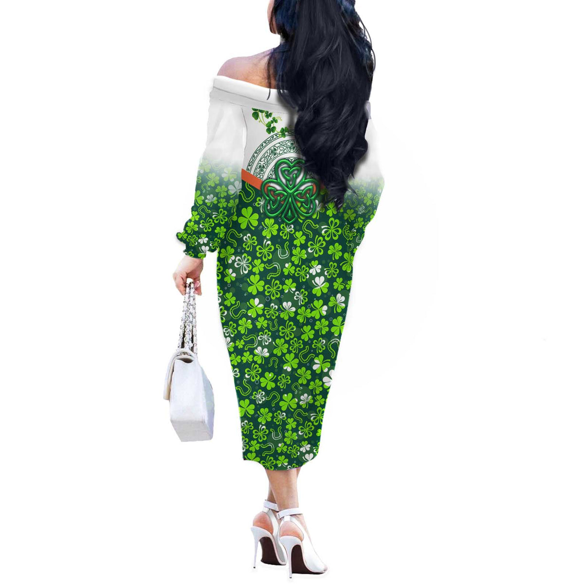 Celtic Knot and Clover Ireland - Inspired Design Off The Shoulder Long Sleeve Dress
