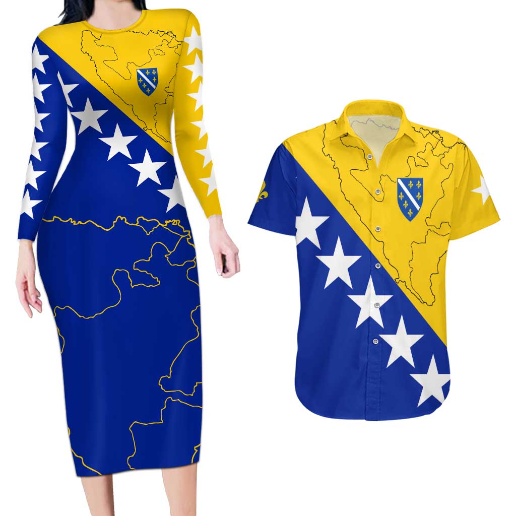 Bosnia and Herzegovina Couples Matching Long Sleeve Bodycon Dress and Hawaiian Shirt Flag and Coat of Arms Hoodie – Unique Combination Design