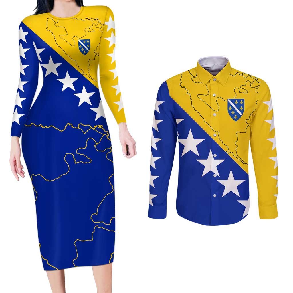 Bosnia and Herzegovina Couples Matching Long Sleeve Bodycon Dress and Long Sleeve Button Shirt Flag and Coat of Arms Hoodie – Unique Combination Design