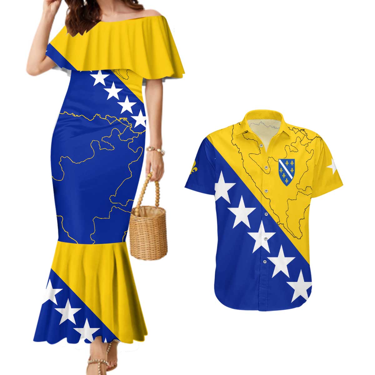Bosnia and Herzegovina Couples Matching Mermaid Dress and Hawaiian Shirt Flag and Coat of Arms Hoodie – Unique Combination Design