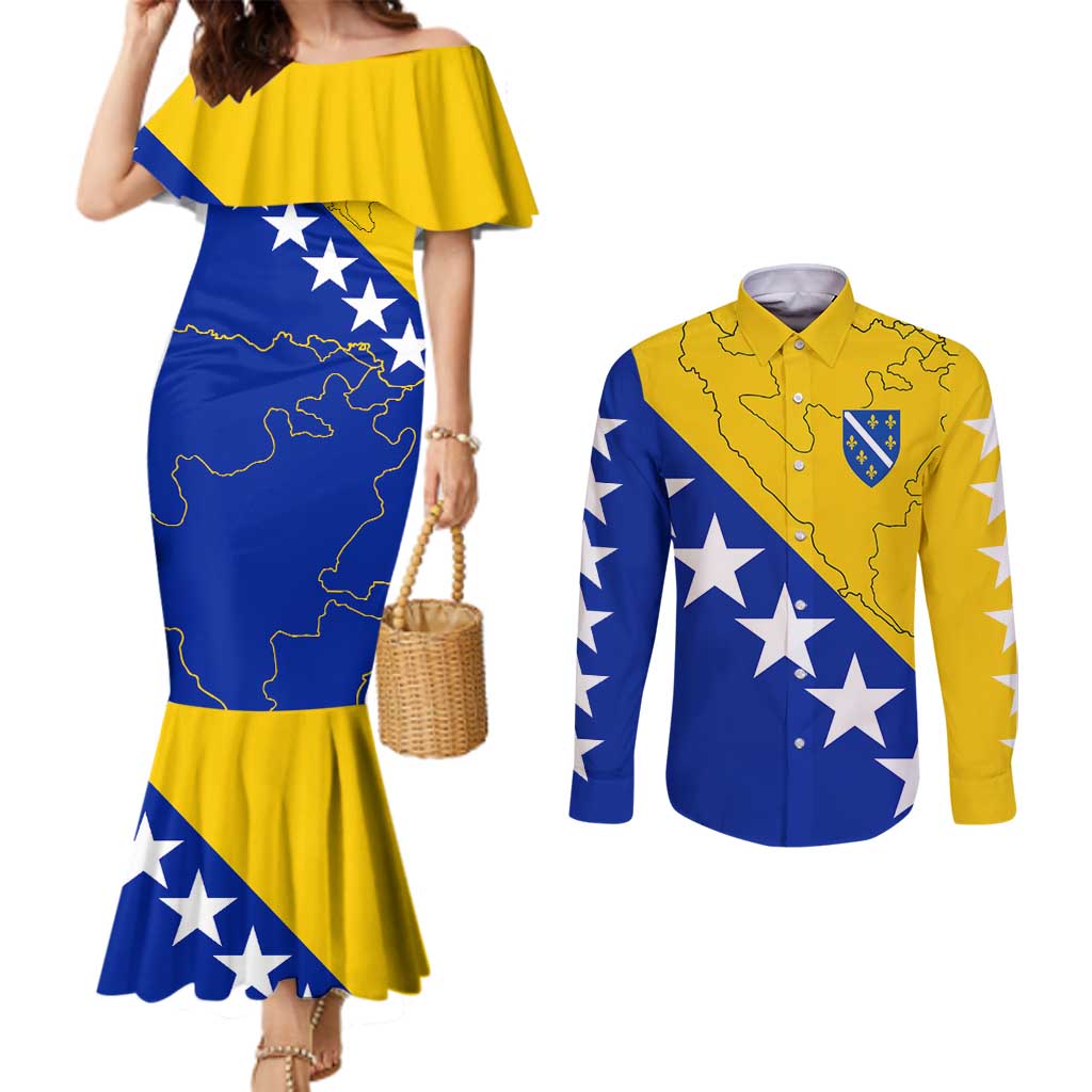 Bosnia and Herzegovina Couples Matching Mermaid Dress and Long Sleeve Button Shirt Flag and Coat of Arms Hoodie – Unique Combination Design