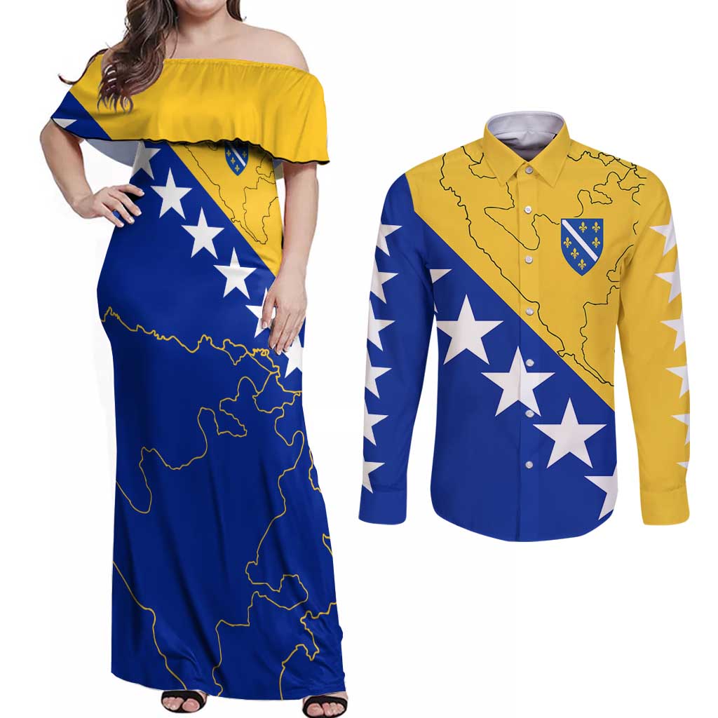 Bosnia and Herzegovina Couples Matching Off Shoulder Maxi Dress and Long Sleeve Button Shirt Flag and Coat of Arms Hoodie – Unique Combination Design