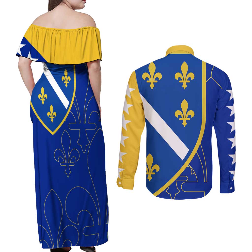 Bosnia and Herzegovina Couples Matching Off Shoulder Maxi Dress and Long Sleeve Button Shirt Flag and Coat of Arms Hoodie – Unique Combination Design