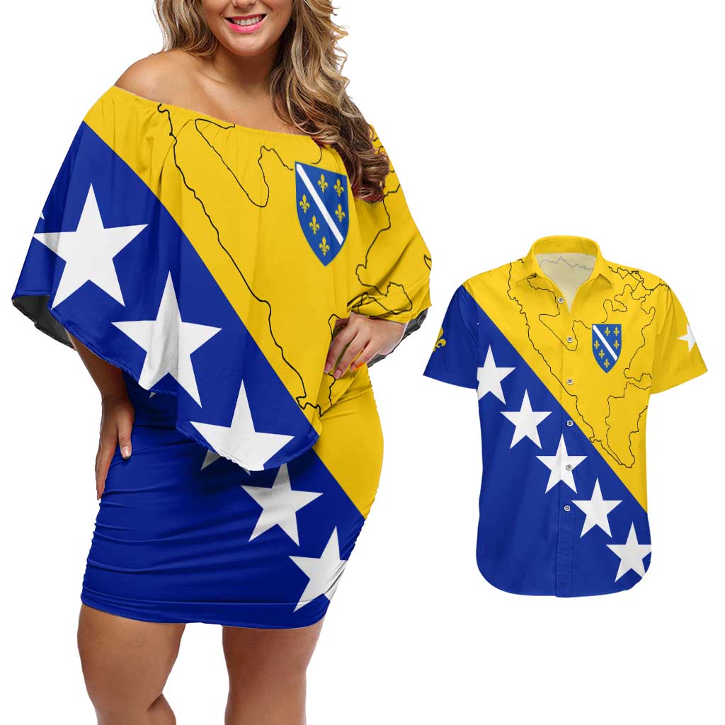 Bosnia and Herzegovina Couples Matching Off Shoulder Short Dress and Hawaiian Shirt Flag and Coat of Arms Hoodie – Unique Combination Design