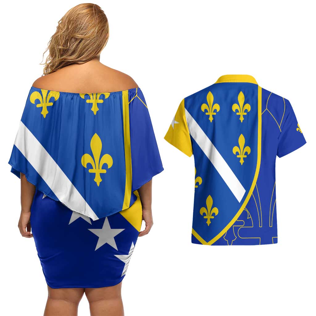 Bosnia and Herzegovina Couples Matching Off Shoulder Short Dress and Hawaiian Shirt Flag and Coat of Arms Hoodie – Unique Combination Design